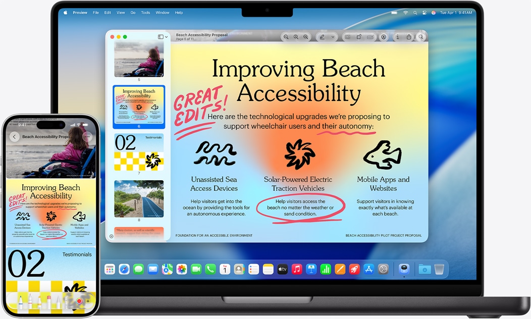 iPhone и MacBook един до друг демонстрират миръринг на MacBook. Уиджетите за Календар и Бележки са в горната част на дисплея, а приложенията в долната.