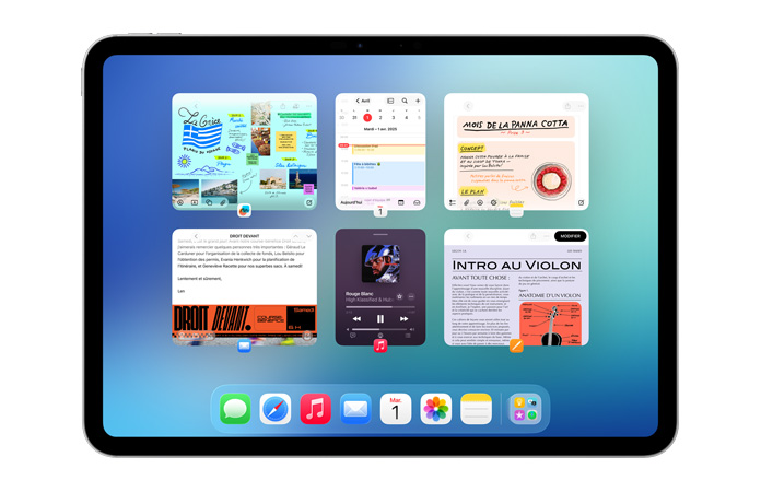 iPad, orientation paysage, écran montrant six fenêtres ouvertes, en deux rangées, dont les apps Calendrier, Notes, Musique et Safari