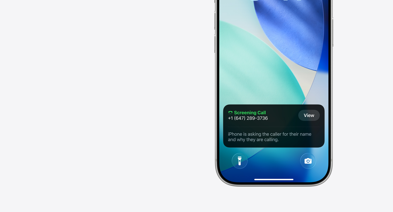 iPhone, bottom section of Lock Screen, showing a Screening Call notification, with text reading, “iPhone is asking the caller for their name and why they are calling”