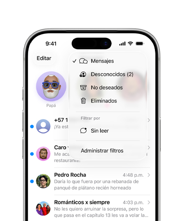 Un iPhone, sólo los dos tercios superiores de la pantalla, la pantalla muestra la app Mensajes con el menú de las nuevas herramientas de filtrado desplegado por encima