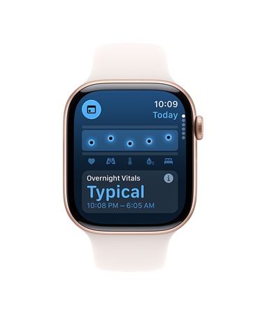 Apple Watch Series 11, bílý sportovní řemínek, zobrazené softwarové položky Životní funkce, Teplota zápěstí, vedle jsou druhé Apple Watch Series 10, černý sportovní řemínek, zobrazené softwarové položky Životní funkce, Teplota zápěstí, Tepová frekvence, Analýza