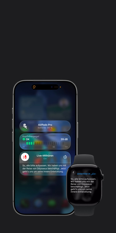 iPhone 17 Pro Display mit aktiver Live Mithören Session mit Untertiteln für das aufgezeichnete Audio und Apple Watch Series 11 Display mit Live Untertiteln für dasselbe aufgezeichnete Audio