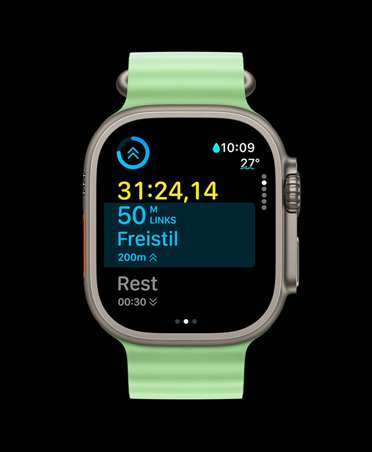 Apple Watch Ultra 3, Farbe Natur, Titangehäuse, Trainingsapp, Karte für eigenes Training, Ansicht: Als Nächstes, Ocean Armband Neongrün
