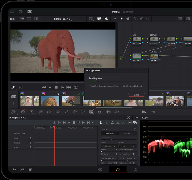 iPad Pro, Vorderansicht, Farbe Space Schwarz, Display mit einer Videobearbeitungsapp mit Timelines und Steuerelementen, KI Magic Mask Tool verfolgt einen Clip mit Elefanten und wendet spezielle Effekte darauf an