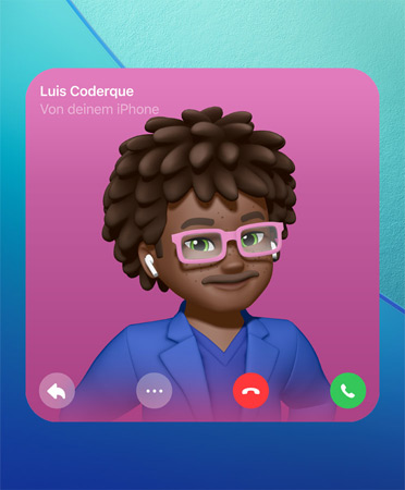 Ein FaceTime Kontaktposter mit einem Genmoji in der Mitte, dem Namen der Person oben links und den Symbolen für Antwort, weitere Optionen, Auflegen und Abholen unten