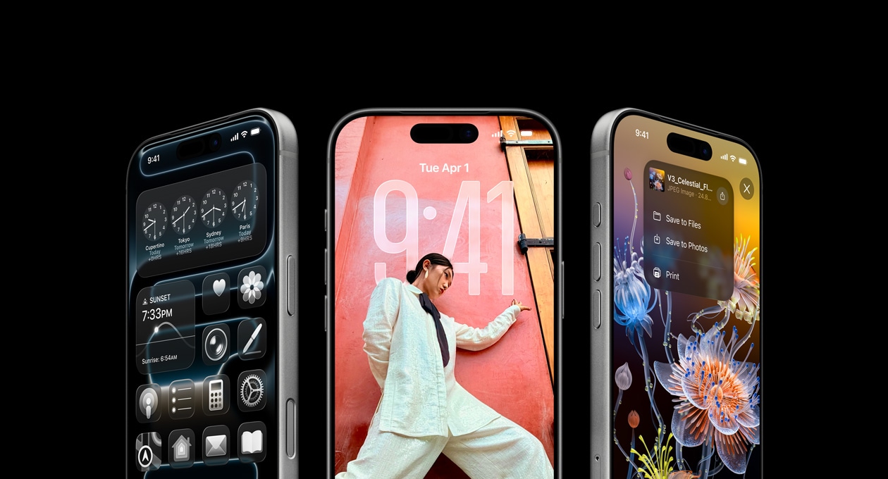 Kolm iPhone 17 Pro mudelit, esikülg, kõrvuti asetus, kuvatakse funktsioon World Clock, iOS 26 lukustuskuva ja kuidas märkmerakenduses Notes märkmeid salvestada