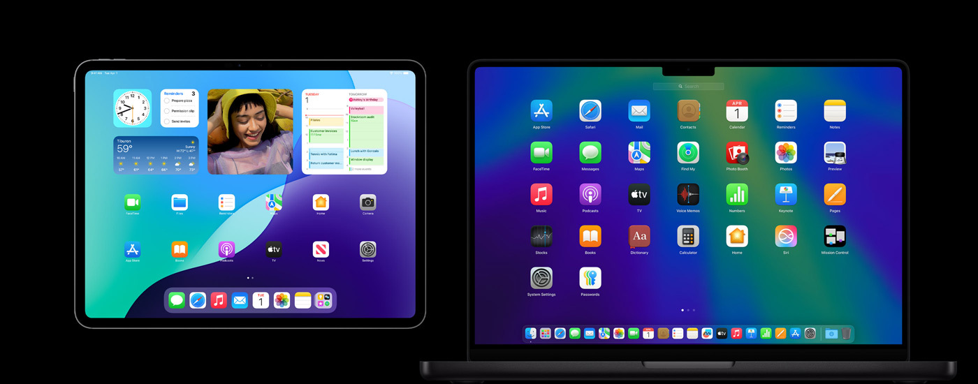 iPad e Mac com vários ícones de apps. O iPad apresenta vários widgets, incluindo Calendário, Meteorologia e Fotografias.