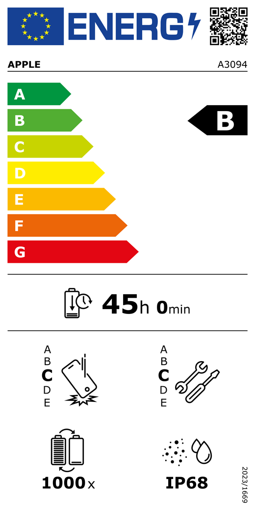 Étiquette énergétique de l’UE, code QR et informations, modèle Apple A3094, classe B, classes d’efficacité énergétique (échelle allant de A à G), A (la plus élevée) à G (la plus basse), endurance de la batterie par cycle, 45 heures et 0 minute par charge complète de la batterie, résistance aux chutes répétées de classe C, A (plus résistante) à E (moins résistante), réparabilité de classe C, A (plus réparable) à E (moins réparable), endurance de la batterie de 1 000 cycles, indice de protection IP68 pour la poussière et l’eau, règlement 2023/1669.