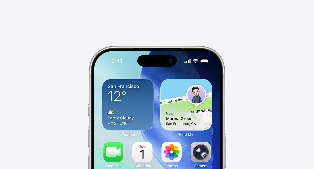 iPhone 螢幕的上半部分，展示主畫面，最頂一行為天氣 app 和尋找 app 的小工具