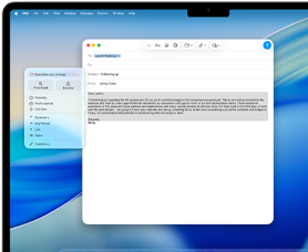 Ekran MacBooka Air prikazuje Apple Intelligence Alate za pisanje i sastavljanje e-maila