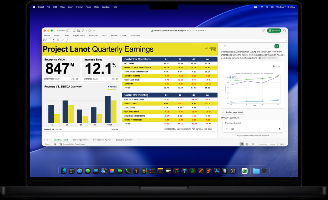 Layar MacBook Pro menampilkan Excel yang sedang digunakan untuk membuat laporan laba triwulanan