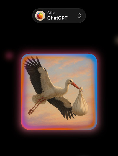 Schermata di Image Playground con l’immagine realistica di una cicogna che porta un fagottino nel becco, con le opzioni per stili di immagine personalizzati di ChatGPT