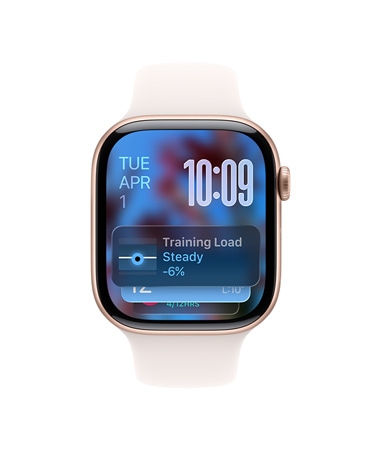 „Apple Watch Series 11“, rausvojo aukso spalvos, aliuminio korpusas, „Išmaniojo dėklo“ patarimas, švelnios rausvos spalvos sportinis dirželis