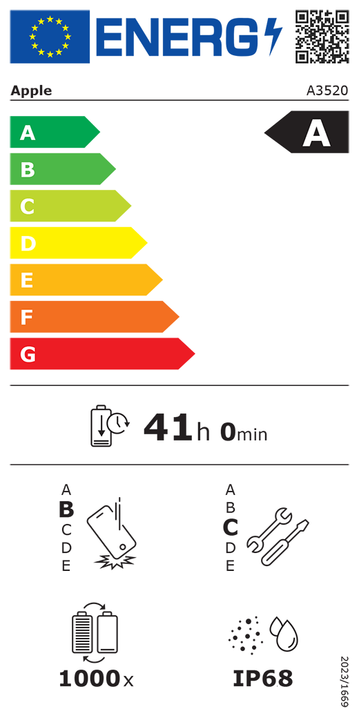 ES energijos vartojimo klasės QR kodas ir informacija, „Apple“ modelis A3520, A klasė, energijos vartojimo klasės (skalė nuo A iki G), nuo A (didžiausias efektyvumas) iki G (mažiausias efektyvumas), baterijos veikimo trukmė vienu ciklu, 41 val. ir 0 min. esant visiškai įkrautai baterijai, pakartotinio laisvo kritimo patikimumo B klasė, nuo A (didžiausias patvarumas) iki E (mažiausias patvarumas), pritaikymo remontuoti C klasė, nuo A (labiausiai pritaikytas remontuoti) iki E (mažiausiai pritaikytas remontuoti), 1 000 baterijos veikimo ciklų, apsaugos nuo dulkių ir vandens (IP) klasė IP68, reglamentas 2023/1669