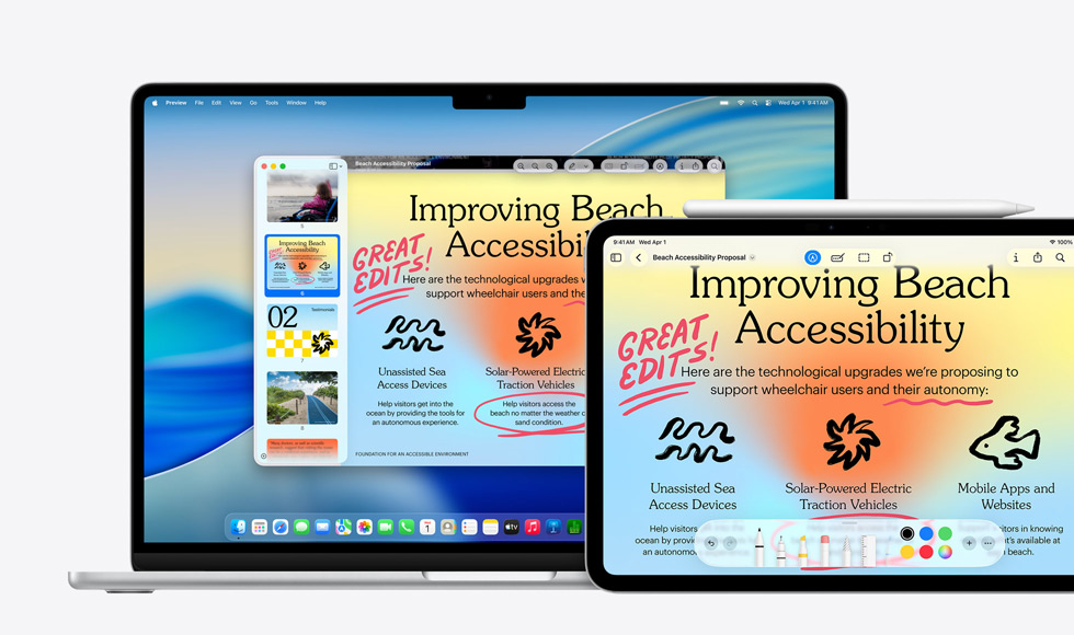 Plusieurs appareils Apple, la même image est visible sur chaque appareil, un Apple Pencil a été utilisé pour annoter l’image sur l’iPad, les annotations apparaissent aussi sur les autres appareils