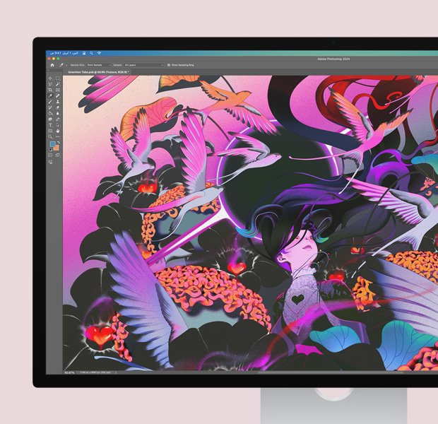 شاشة تعرض صورة مفعمة بالألوان مفتوحة في تطبيق Adobe&nbsp;Photoshop