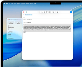 MacBook Air screen showing Apple Intelligence Writing Tools composing an email