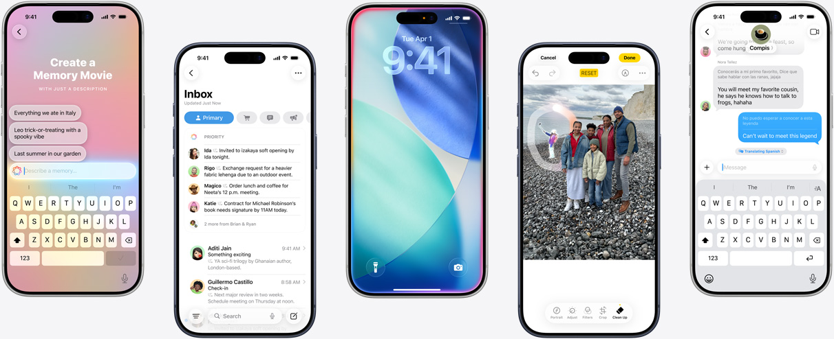 五部 iPhone 裝置分別展示 Apple Intelligence 的功能，包括製作回憶影片、郵件 app 的優先訊息、內側發光的 iOS 鎖定畫面、在相片 app 使用清除工具抹走物件，以及訊息 app 的即時翻譯。