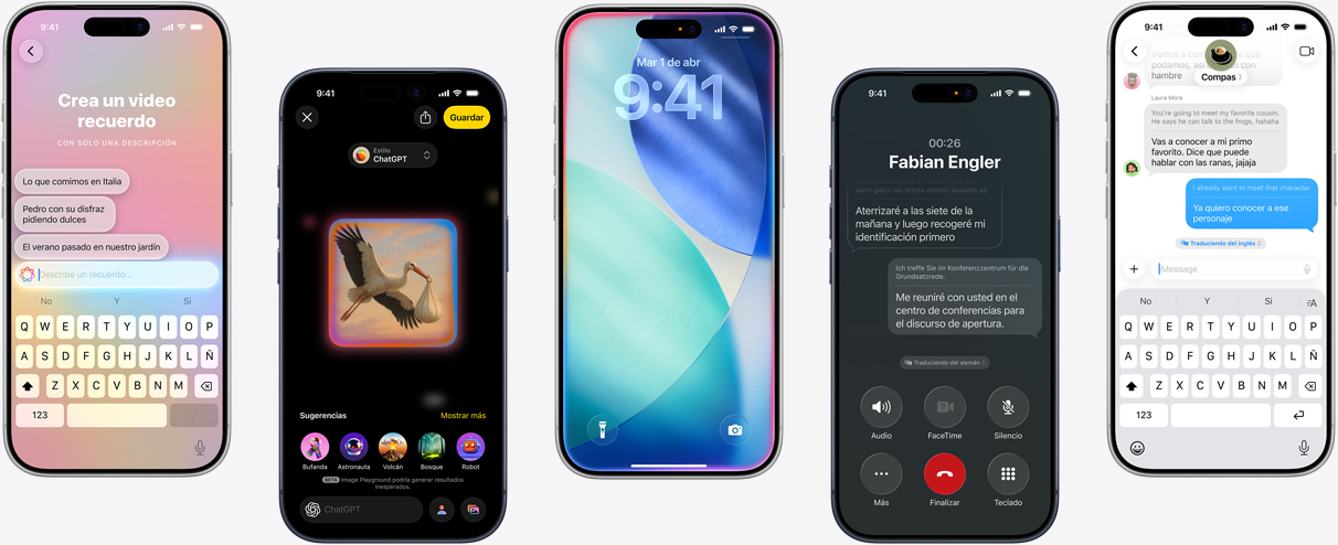 Cinco dispositivos iPhone muestran funcionalidades de Apple Intelligence: generación de un Video Recuerdo, creación de ilustraciones en Image Playground, la pantalla bloqueada de iOS con destellos en el interior, Traducción en Vivo durante una llamada y traducción en tiempo real en Mensajes