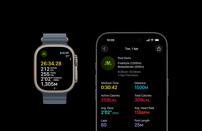 Apple Watch Ultra 3, natural colour, titanium case, Ocean Band, anchor blue colour, active Swim workout, larger workout metrics breakdown on iPhone