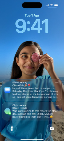 iPhone, five models, each model slightly overlapping the one next to it, far left screen shows a conversation with a background in Messages, second to the left screen shows Home Screen with colourful app icons, centre model shows Lock Screen with photo, numerals for time in Liquid Glass, two notifications appear on bottom of screen, second to the right model shows clear Liquid Glass app icons, far right model shows music player in Liquid Glass