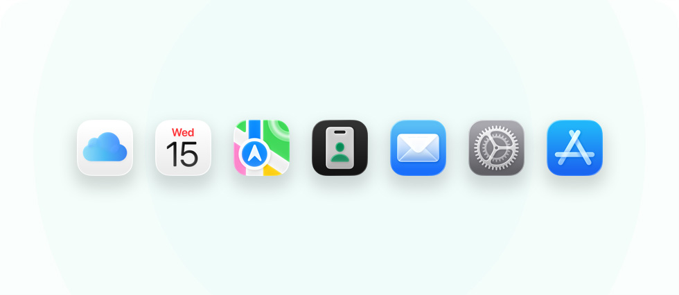 A lineup of business-related apps and tools including iCloud, Calendar, Maps, Apple Business, Mail, Apple Care, and App Store