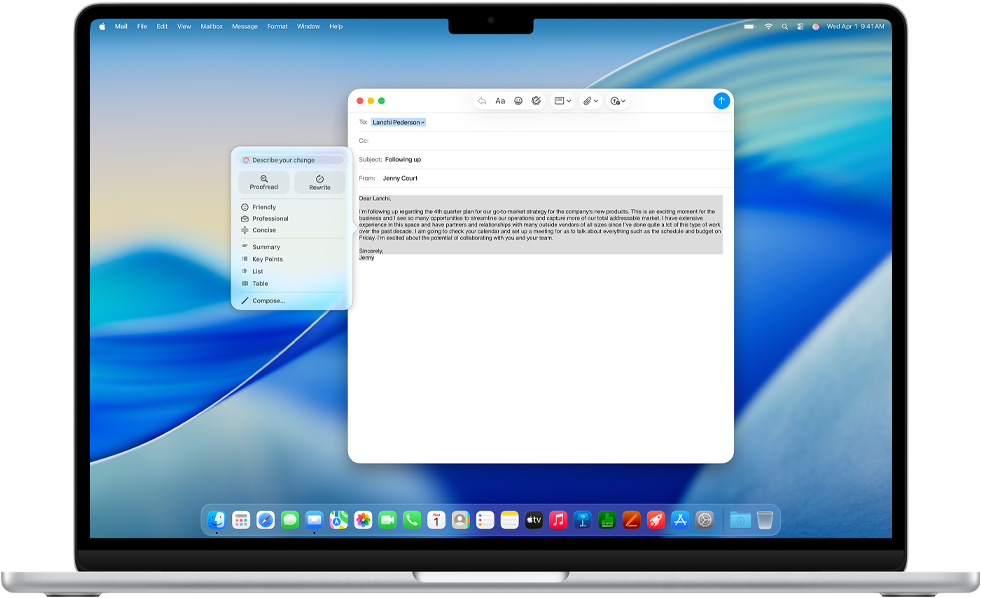Ekran MacBooka Air przedstawiający Narzędzia pisania Apple Intelligence podczas pisania mejla