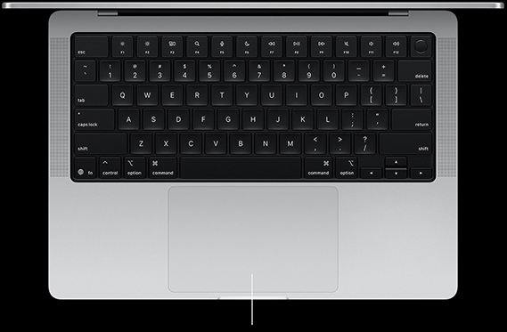 Widok z góry na otwartego MacBooka Pro 14 cali z gładzikiem Force Touch umieszczonym poniżej klawiatury