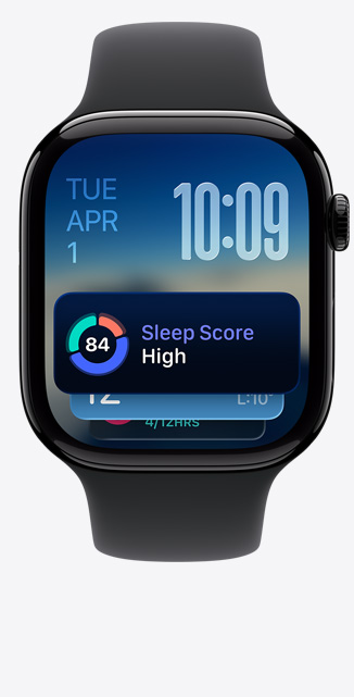 Apple Watch Series 11 z kopertą z aluminium w kolorze polerowanego onyksu, Stos inteligentny, powiadomienie o wyniku snu, prawy bok urządzenia, pokrętło Digital Crown, pasek sportowy w kolorze czarnym