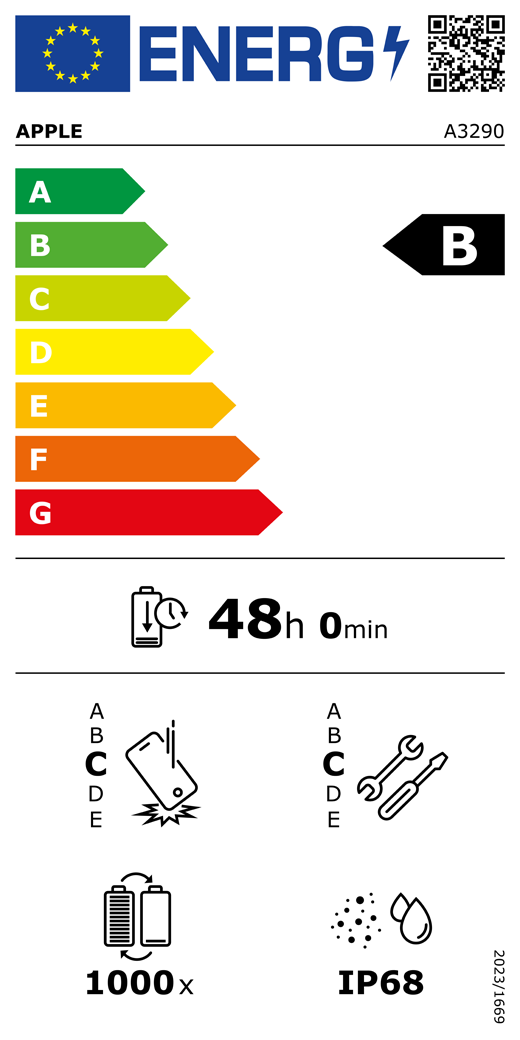 Cod QR și informații privind Eticheta energetică UE, model Apple A3290, clasa B, clase de eficiență energetică (cu o scară de la A la G), de la A (eficiență maximă) la G (eficiență minimă), anduranța bateriei pentru fiecare ciclu, 48 ore și 0 minute pe încărcare completă a bateriei, fiabilitate la căderi libere repetate clasa C, de la A (robustețe maximă) la E (robustețe minimă), potențial de reparare clasa C, de la A (potențial de reparare maxim) la E (potențial de reparare minim), anduranța bateriei în cicluri 1000, protecție împotriva pătrunderii prafului și a apei (IP) cu clasificare IP68, regulament 2023/1669