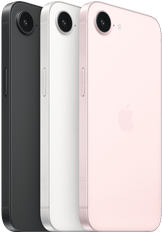iPhone 17e, exterior lateral și exterior spate, culoare Negru, exterior lateral și exterior spate, culoare Alb, exterior lateral și exterior spate, culoare Roz pal, cameră Fusion în partea de sus, buton lateral