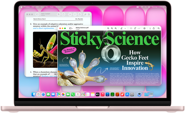 MacBook Neo, culoare Îmbujorare, pe ecran este afișat un articol despre biomimetică și un test pe un subiect similar