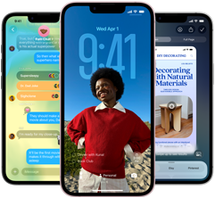 Three iPhone 17e devices, showing Messages app with Liquid Glass design, dynamic Lock Screen, and Visual Intelligence in use