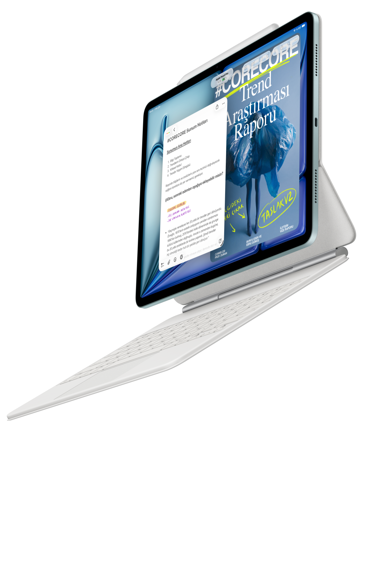 Apple Pencil Pro ve iPad Air için Magic Keyboard’a takılı iPad Air