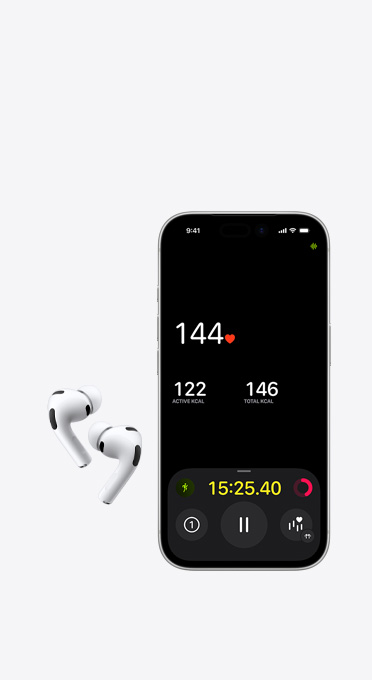 Лівий і правий бездротові навушники поруч з iPhone з відстеженням серцевого ритму на екрані