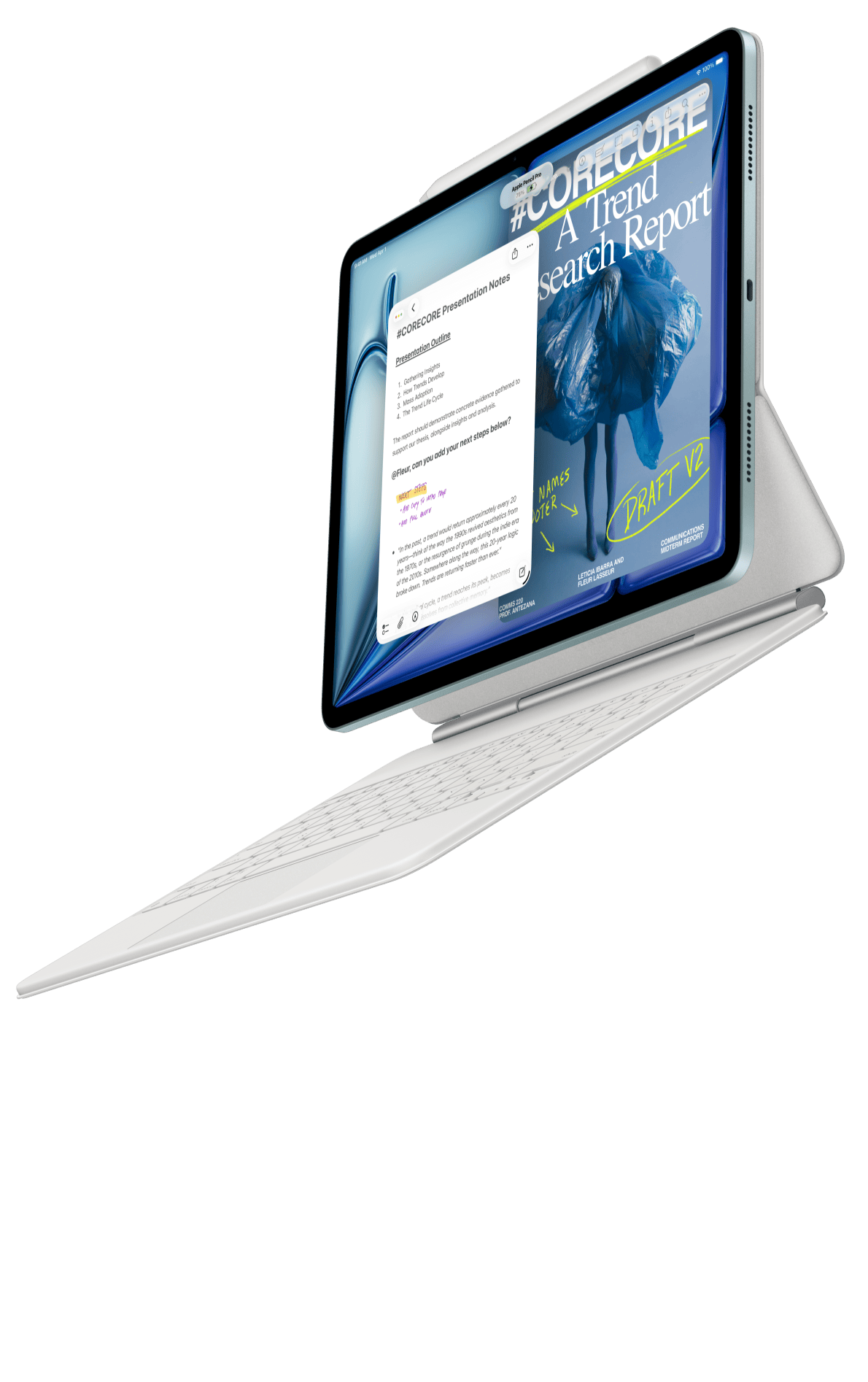 iPad Air, під’єднаний до клавіатури Magic Keyboard для iPad Air та Apple Pencil Pro