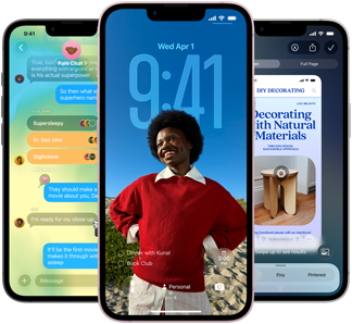 На трьох пристроях iPhone 17e відображається додаток «Повідомлення» з дизайном Liquid Glass, динамічним замкненим екраном та візуальним інтелектом