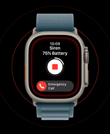 Apple Watch Ultra 3, Farbe Natur, Titangehäuse, Display mit aktivierter Sirene, Stopp und Notruf SOS Tasten, Armband, Alpine Loop Maritimblau