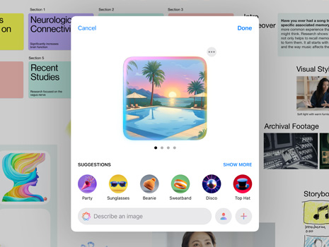 Interface da experiência Image Playground a mostrar uma piscina com palmeiras durante um pôr do sol colorido, com sugestões de mais elementos para adicionar à imagem.