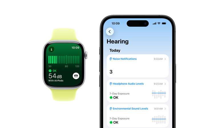 Apple Watch Series 11, aluminum case, silver color, Noise app, neon yellow Sport Band, detailed Hearing daily summary open on paired iPhone