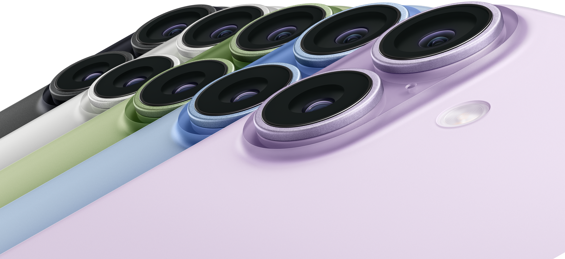 Cinq iPhone 17, face arrière, coin supérieur gauche, des caméras Fusion, coloris : noir, blanc, sauge, brume, lavande