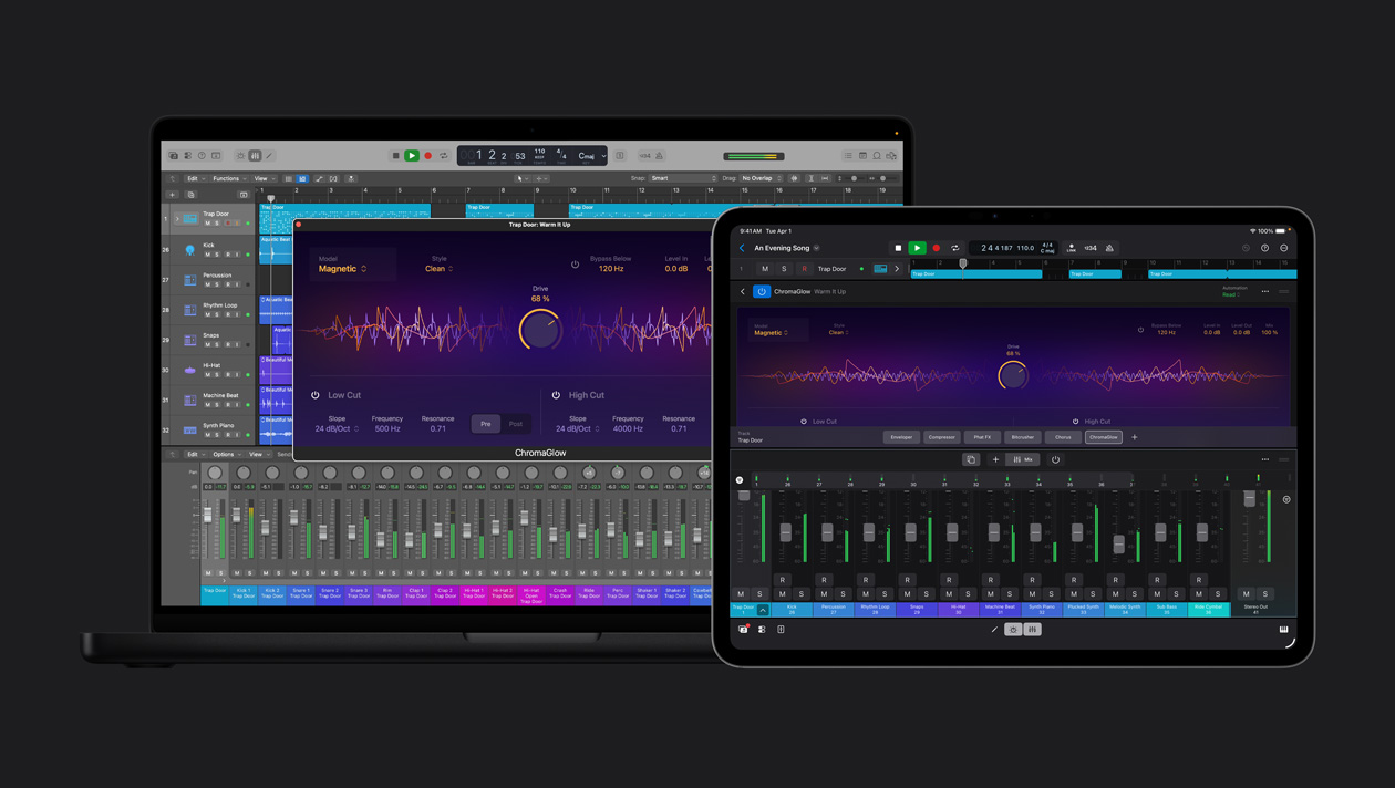 iPad Pro 13 workspace showing soundwaves on top with adjustment dial at the center, track options, instrument controls at the bottom, MacBook Pro 16 screen showing workspace with loop and instrument panel on the left, ChromaGlow window open, audio controls at the bottom