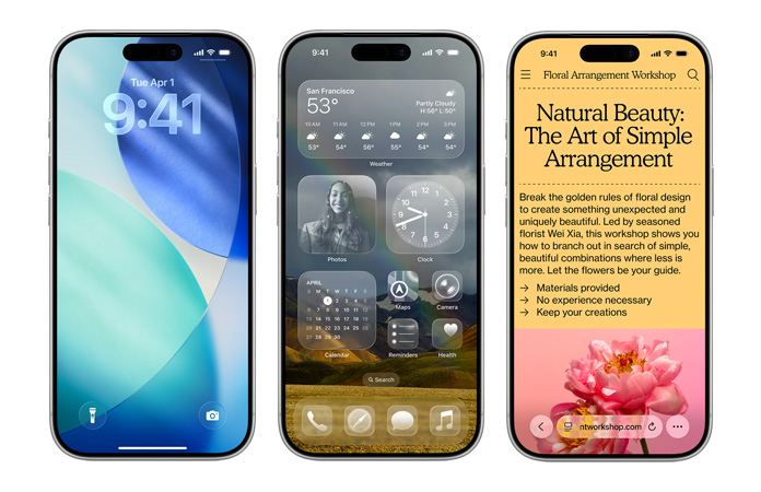 iPhone-devices naast elkaar, met op het scherm verschillende nieuwe ontwerpelementen van iOS, zoals het Toegangsscherm met transparante tijdcijfers en een Beginscherm met heldere appsymbolen van Liquid Glass