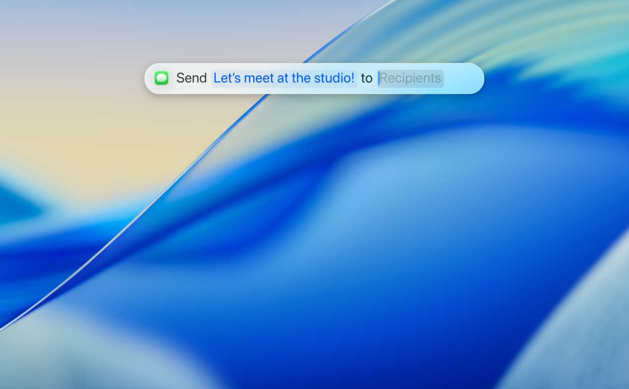 Primo piano della nuova app Spotlight traslucida, con un utente che usa l’app Messaggi per inviare un messaggio a uno dei suoi contatti