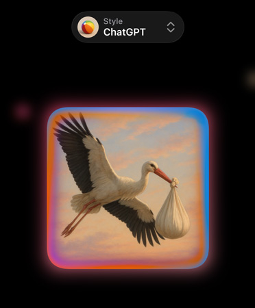 Image Playground Display mit einem Bild eines fotorealistischen Storchs, der ein Bündel im Schnabel trägt, und Optionen für benutzerdefinierte Bildstile von ChatGPT