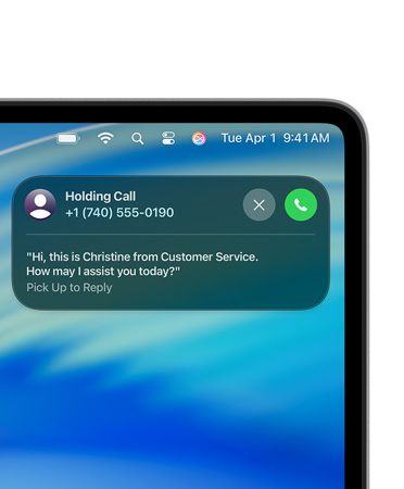 Esquina derecha de la pantalla de un Mac con la actividad en directo de Asistente de Espera que indica que el usuario está esperando a que le atienda un agente de atención al cliente