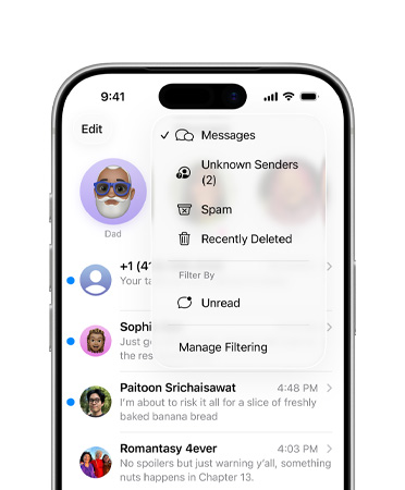 Die oberen zwei Drittel eines iPhone, das Display zeigt die Nachrichten App mit dem neuen Overlay der Menüfunktion für Filterfunktionen