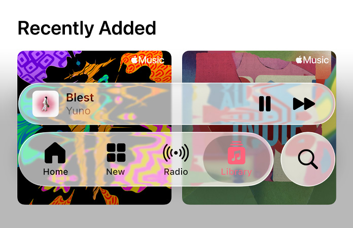 Transluzente Steuerelemente in Apple Music stellen den Hintergrund mit einem Lichtbrechungseffekt dar.