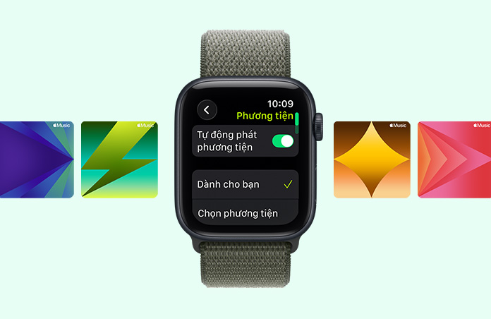 Apple Watch SE 3, vỏ nhôm, màu đêm xanh thẳm, gợi ý danh sách phát khi tập luyện từ Apple Music, dây đeo, Dây Quấn Thể Thao, màu rừng xanh