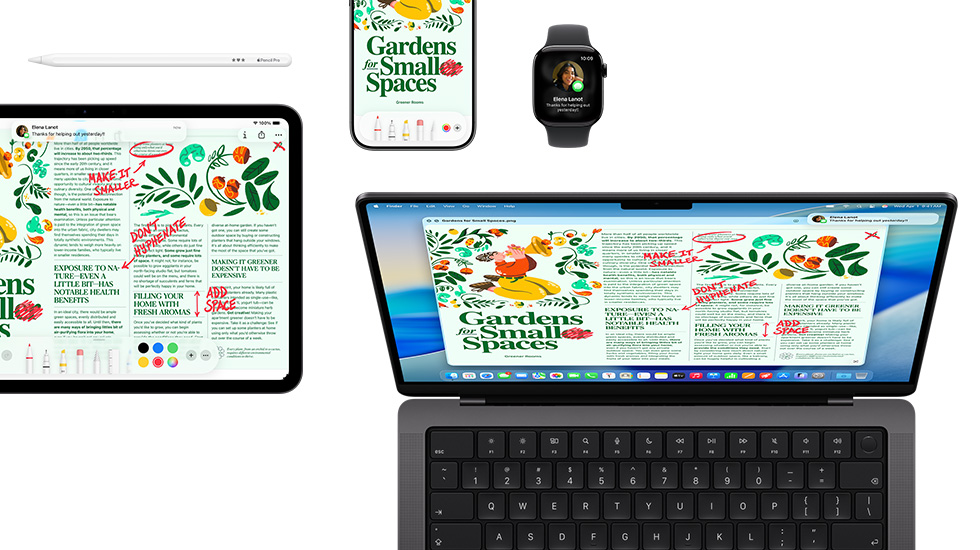Một bộ thiết bị bao gồm iPad, iPhone, Watch và Mac, tất cả đều hiển thị cùng nội dung.